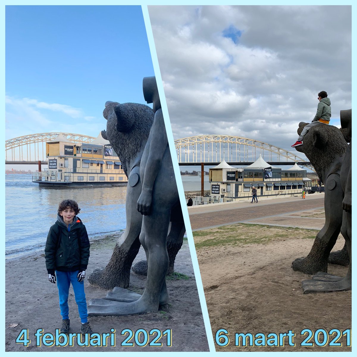 4 weken geleden. Zelfde plaats #Nijmegen Zelfde #Waalbrug. Zelfde kind. Iets minder water💦💦💦