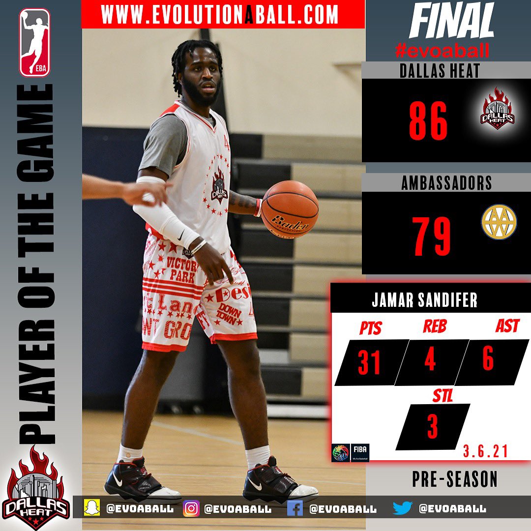 Sandifer lead @thedallasheat back from 12pt deficit to a much needed W.
#evoyourgame
#evoaball #eba #explorepage #preseason #history #nbagleague #fiba #eurobasket #ebatv #dallas #packup #dfw #dalheatup #aaw #ebaremix #ebapog