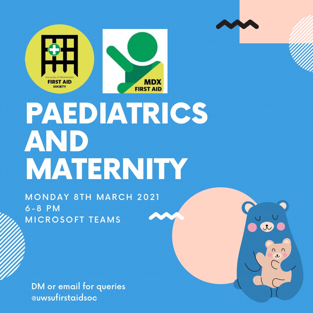 Hello everyone!💚

In this weeks session we will be demonstrating how to deliver first aid to children and pregnant women with <a href="/mdxfirstaidsoc/">Middlesex First Aid</a> 🥳. Some first aid skill that we will go over are:
-Primary/Secondary survey
-Observation/vitals
-CPR
-Seizures
-Choking