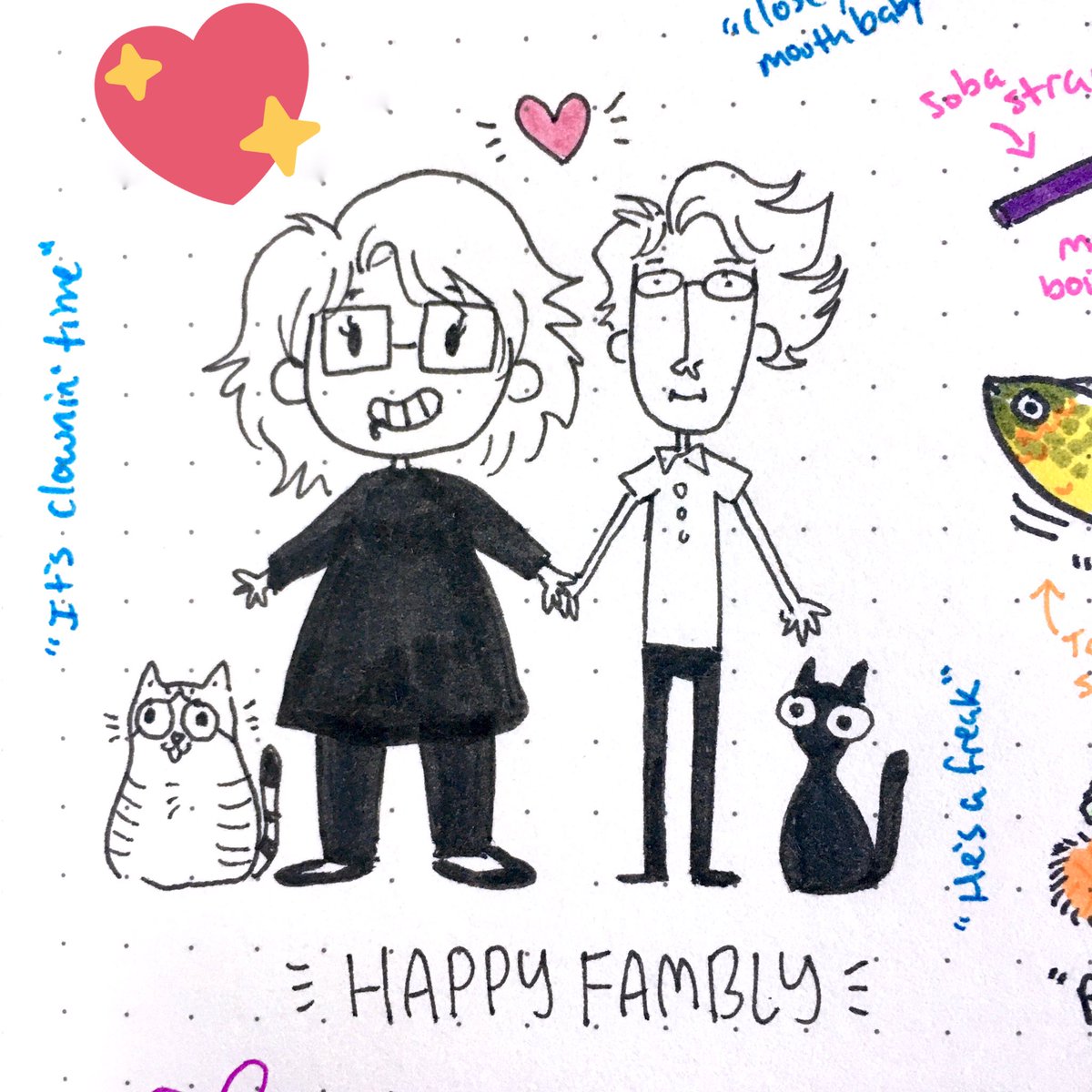 It's been one year since we adopted our cats! @nice_breakfast and I did a doodle page to celebrate. She drew a family portrait ?? 