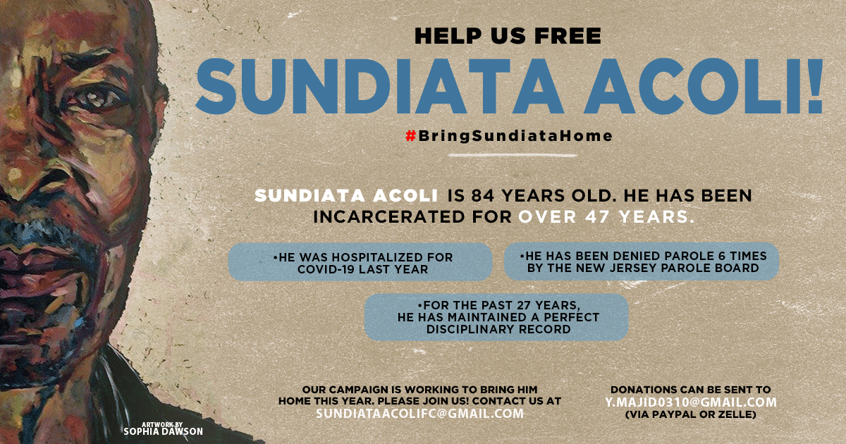 Blklivesmatter's tweet photo. In NJ people who have received a life sentence are eligible for parole after twenty-five years. Sundiata (@SundiataAcoli) has nearly doubled that time, serving 47 years. It is time he returns home to his family and community. #BringSundiataHome https://t.co/Lx48XhZUWg