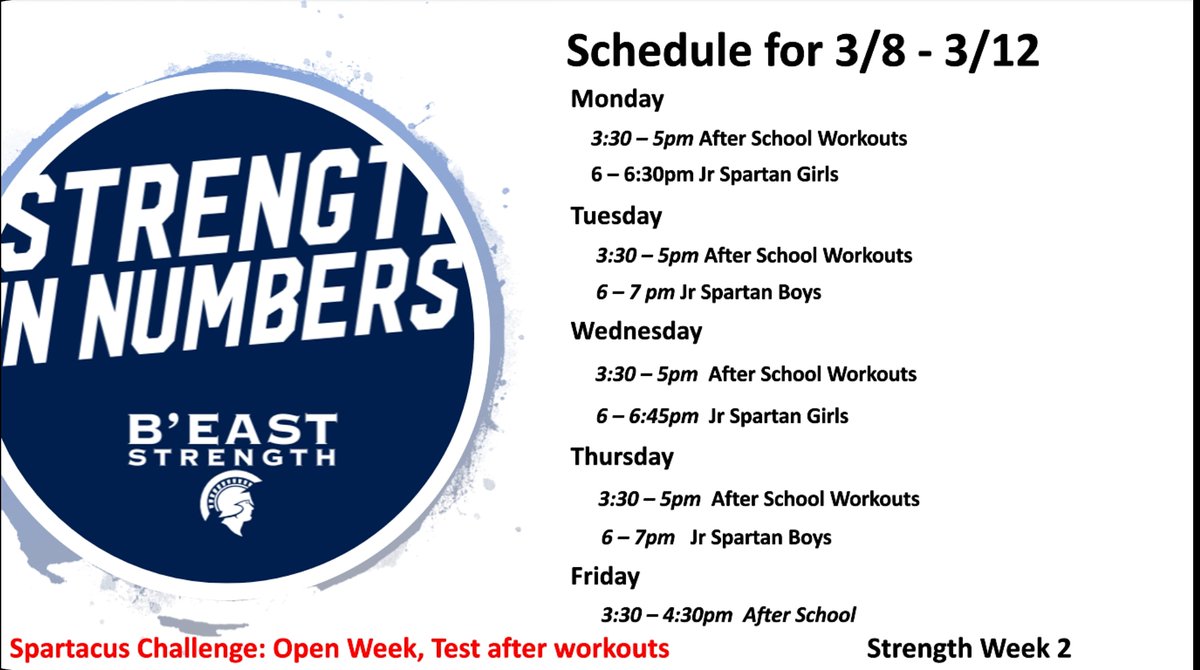 east_strength's tweet photo. Schedule for the week of 3/8 - 3/12

Being your best everyday.

#StrengthInNumbers https://t.co/kPi3p3zwvW