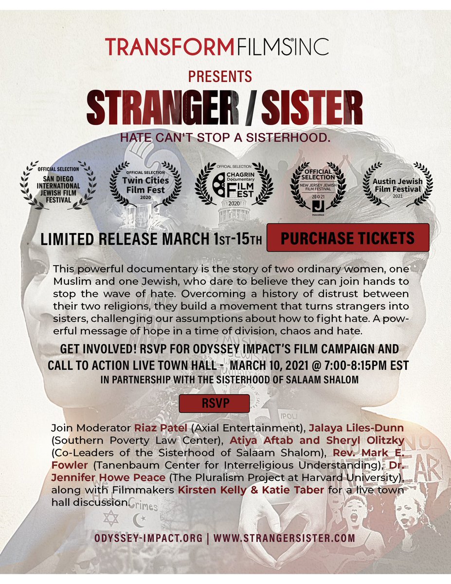 OdysseyImpactNY's tweet photo. Looking for a way to celebrate #WomensHistoryMonth? Watch new #documentary #StrangerSister - available thru March 15: https://t.co/93StM81RWN
Then, make plans to join our live Town Hall on March 10 as we kick off our social impact campaign for the film: https://t.co/lmM5dlP3Cd https://t.co/qIKRHRZbjV