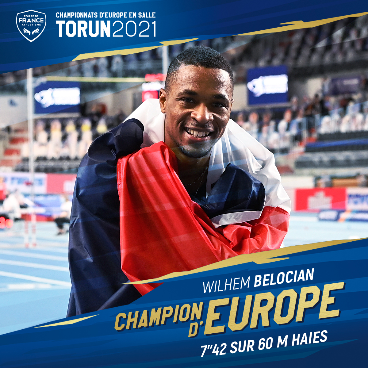 CRGuadeloupe's tweet photo. #Torun2021 @achalus971 salue la performance de 🥇@wilhembelocian devenu ce dimanche, 𝗰𝗵𝗮𝗺𝗽𝗶𝗼𝗻 𝗱’𝗘𝘂𝗿𝗼𝗽𝗲 en salle du 60m haies en 7"42, à Torun en Pologne. 
Ce hurdleur de 25 ans est sacré aussi le 🏆 deuxième meilleur performeur français de l’histoire. ⤵️ https://t.co/ZDLMQcTQHp