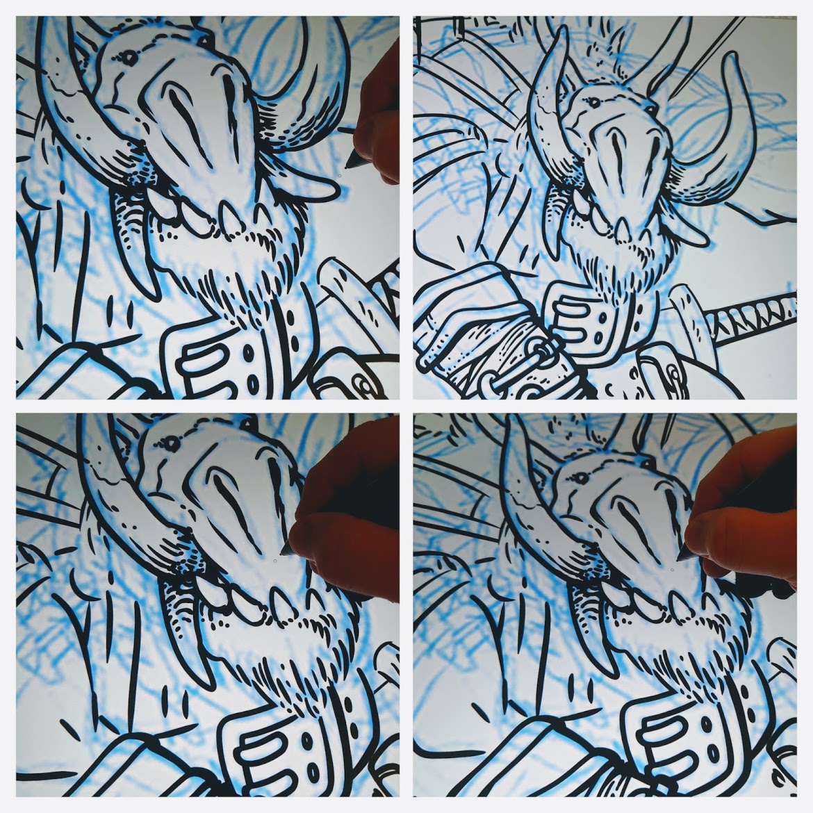 Inking a Troll. A co-creation with the brilliant Alvaro Tapia.
I did the first sketch.. some sort of face that was a mix between cow &amp; boar/pig. Alvaro did his magic and added lots of his amazing charcoal lines. This was at a café sometime back in the early years around 2000.