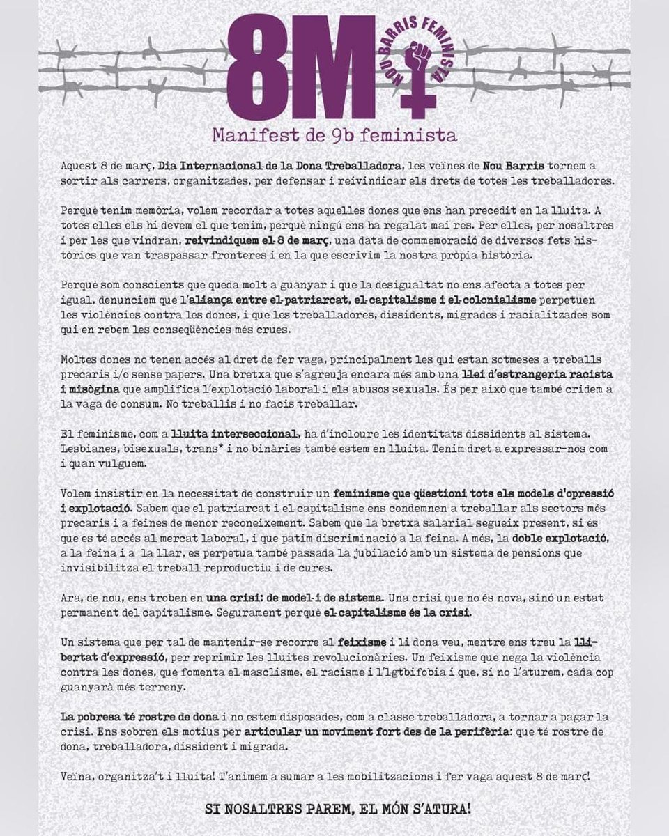 Demà, #8M Dia de la Dona Treballadora!!

A #NouBarris estem en Vaga General amb Nou Barris Feminista!