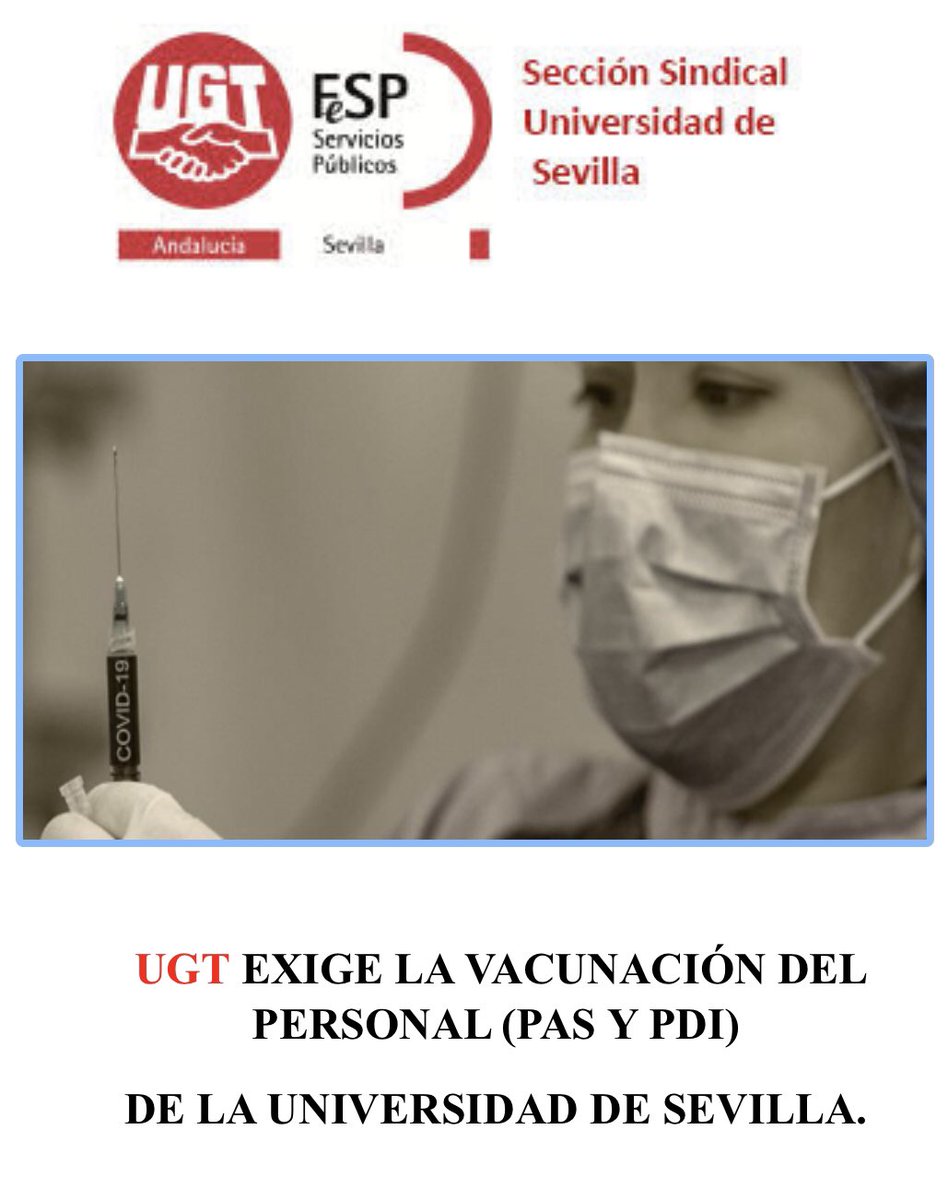 UgtUs's tweet photo. 📢Ante el debate, que se ha abierto en los últimos días sobre la posible “vuelta a la presencialidad” en la US, durante el próximo mes de abril, UGT reclama que las trabajadoras y trabajadores de la US (PAS y PDI) sean considerados población de riesgo. https://t.co/3kp46o4k8o
