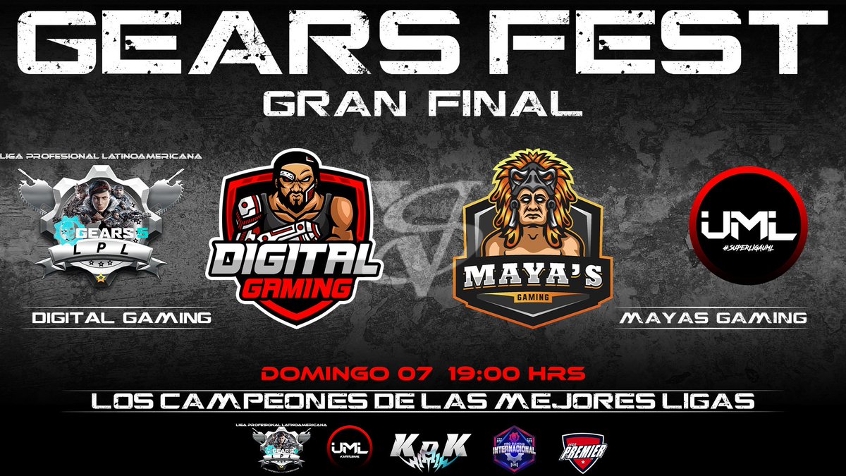 LigaUML's tweet photo. Una vez más las mejores ligas de LATAM se reúnen en este magno evento de la comunidad de 
@GearsEsports @GearsLATAM donde enfrentamos a los campeones de cada liga.

GRAN FINAL
@DigitalGamingLT vs @MayasGaming1 

@DeporteDigitalH
@KingOfKings_KoK
@progamingint
@PremierGamingTV https://t.co/c6xIT9Hg5g