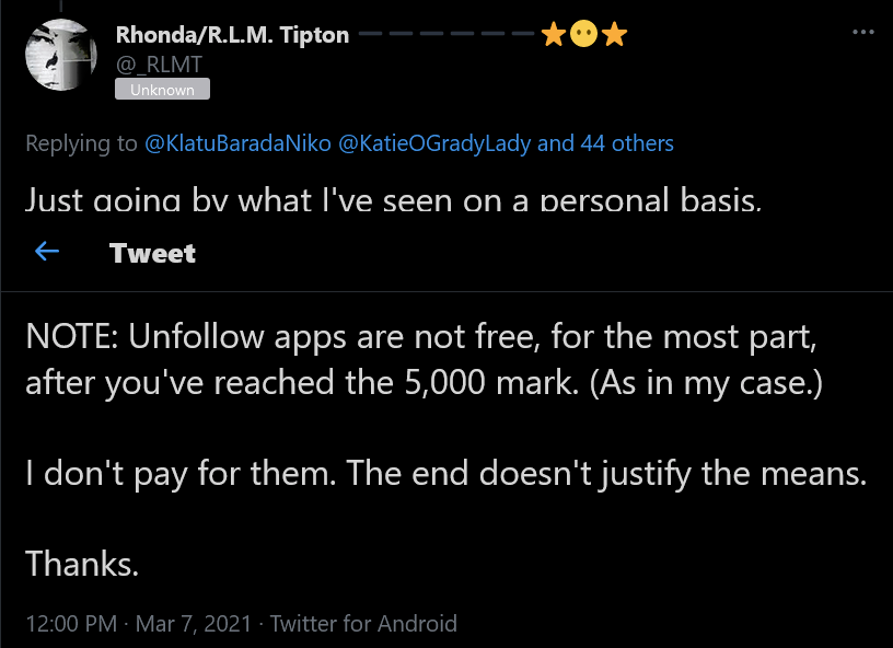 KlatuBaradaNiko's tweet image. Actually, just the opposite is true

almost all unfollow Apps/software are available for free

Those of us who are serious about going big on Twitter, usually do get paid versions, which are well worth ir

·⊰ೋ 🐱  ೋ⊱·