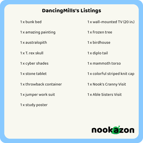 Megan13570503's tweet photo. Nookazon Listings: 
My username is DancingMills! https://t.co/HCuPRZH6LX