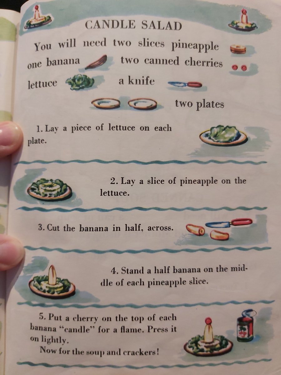 marsh_mummy's tweet photo. @nosuchthing thanks for reminding me of one of my favourite childhood books. A sweet little Golden Book where you can learn to cook alongside Susie, featuring a delicious...candle salad.
A bit awkward that they were still trying to push that on kids in '74. https://t.co/KMmiimxneM