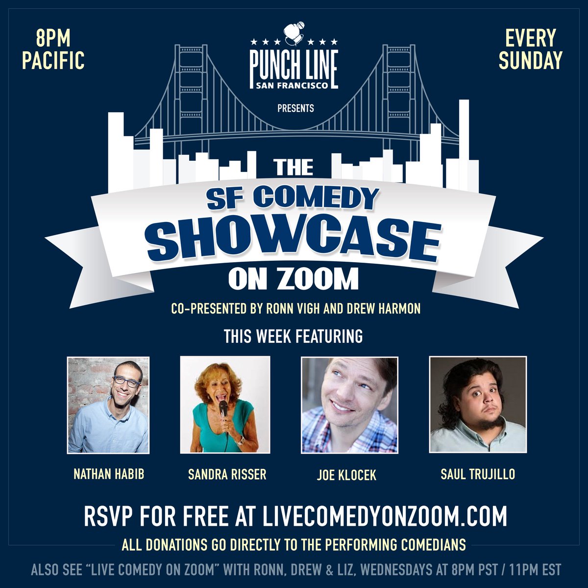 ComedyZoom's tweet photo. It’s Sunday! It’s live comedy direct to your living room for free! 

@NathanHabib @SandraRisser @standupjoe @SaulComedy join @RonnRonnVigh @drewharmon and @punchlinesf at 8pm PST. Just RSVP on our site! https://t.co/bMOy3KXFJL