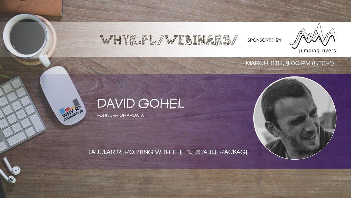 Check out "Tabular reporting with the flextable package" by David Gohel - the first of two webinars that show how to create high quality Word documents with #Rstats. Sponsored by <a href="/jumping_uk/">Jumping Rivers | @jumpingrivers@fosstodon.org</a> 
Livestreamed on Youtube: lnkd.in/et4D8ng
Thursday 11 March 2021 @ 7pm UTC