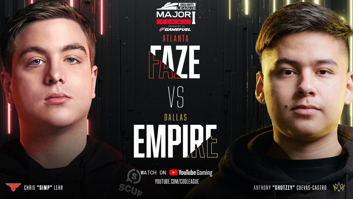 CODLeague's tweet photo. AND WE RUN IT BACK: @ATLFaZe &amp; @DallasEmpire meet in the Major I Final presented by @GameFuel.

Best-of-9 series 📺: https://t.co/6HN8ACWJrh

#EZAF | #DefendTheThrone | #CDL2021 https://t.co/hibReWEK5v