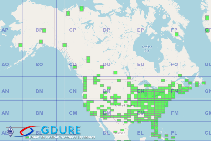 EA1AIW's tweet photo. Nos son muchas pero si algunas. Estas son las cuadriculas confirmadas desde la estación de Radioaficionado EA1AIW en HF, de Norte América.  Otra forma de hacer #dx en #HF. Mapa generado gracias a #gdure. #FT8 #Radioafición #Dxismo https://t.co/vDRFijfVBD