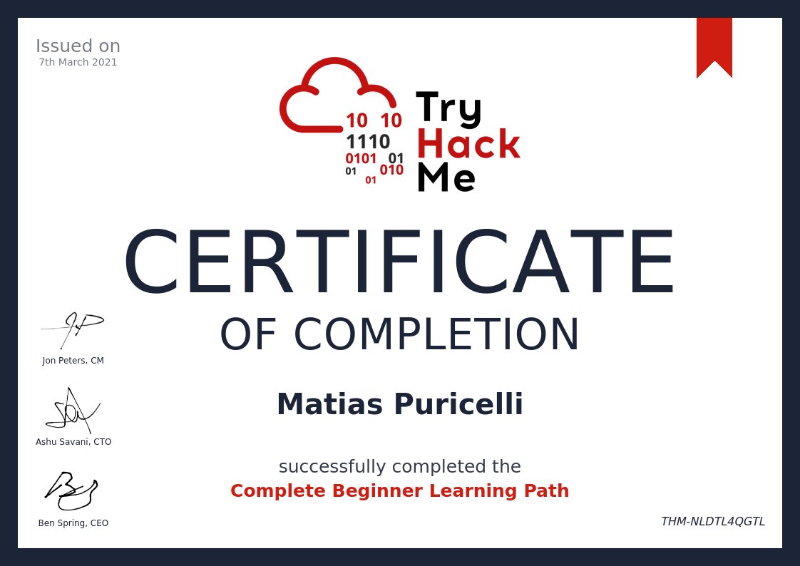 MatiasPuricelli's tweet photo. I have completed the #CompleteBeginner path on @tryhackme . Now, heading to Offensive Pentesting learning path. Wish me luck! https://t.co/nSEFHRy2IS