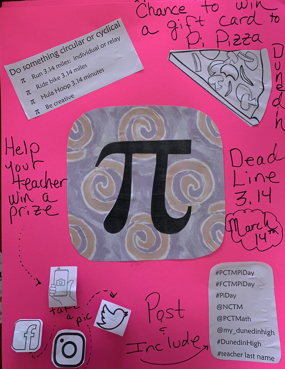deeleyju's tweet image. Hot ‘Pi’nk off the press.Falcon family eligible for chance to win a gift card to Pi Pizza:1415 Pinehurst Rd. Run, bike, do something 3.14. Help your math teacher win a prize through PCTM too. Post a pic include #Dunedinhigh @my_dunedinhigh @PCTMath @NCTM #PCTMath #FCTMath #PiDay