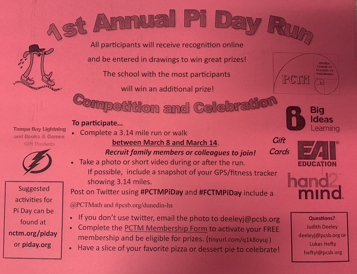 deeleyju's tweet image. Hot ‘Pi’nk off the press.Falcon family eligible for chance to win a gift card to Pi Pizza:1415 Pinehurst Rd. Run, bike, do something 3.14. Help your math teacher win a prize through PCTM too. Post a pic include #Dunedinhigh @my_dunedinhigh @PCTMath @NCTM #PCTMath #FCTMath #PiDay