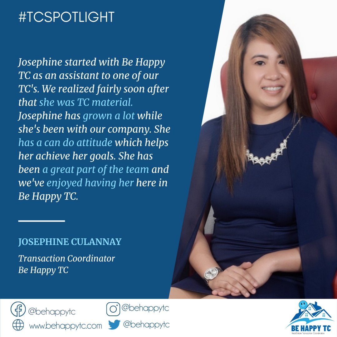 BeHappyTC1's tweet image. This week&apos;s #TCSpotlight goes to Josephine Culannay! She is one of our company&apos;s transaction coordinators, and she really has a can-do attitude. We appreciate her efforts and we have enjoyed having her here in our company.🙌

#realestate #realestateagent #realtor #agent #broker