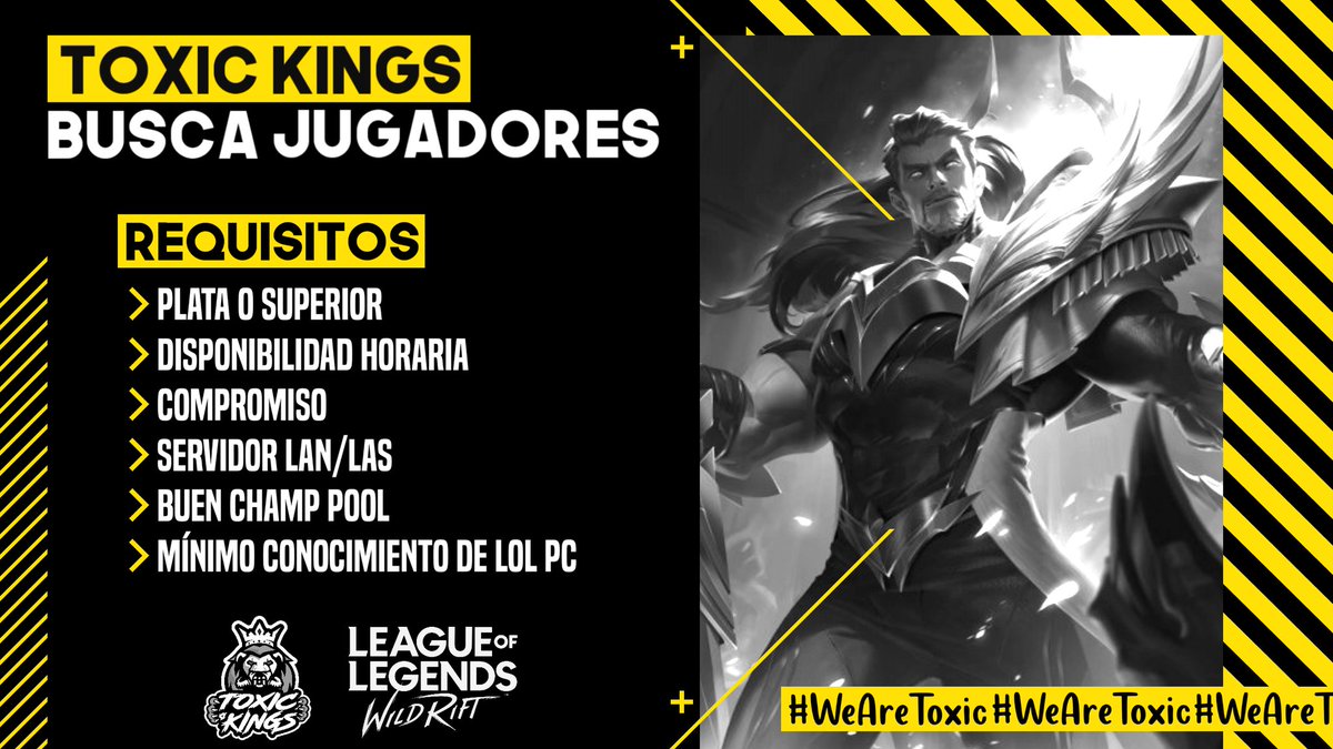 ☣ ¡BUSCAMOS JUGADORES! ☣

Estamos en busca de jugadores de LAN/LAS, para nuestro equipo de #WildRift.

Interesados contactar por mensaje directo <a href="/ToxicKings_/">Toxic Kings</a>, @IAZtsu o <a href="/ian_anubis/">Anubis</a>.

#WeAreToxic