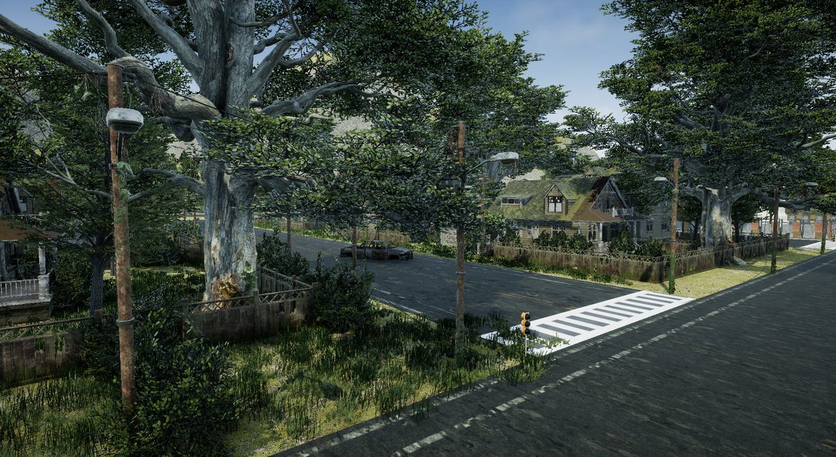 The second city is nearly complete. More foliage variation, buildings, as well as decals for the roads. I added some subtle god-rays and lens flares for cinematic effect. #ue4 #MadewithUnreal #gamedev #MaleficiaTheGame