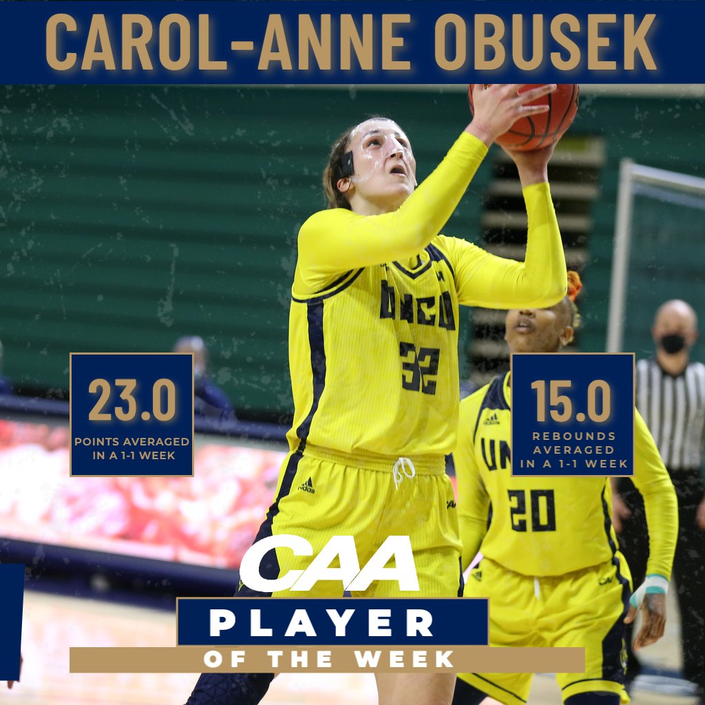 CAABasketball's tweet photo. The final edition of the Women's #CAAHoops Player of the Week goes to Carol-Anne Obusek. She averaged 23.0 points, 15.0 rebounds and 3.5 blocks to lead @UNCWwomenshoops in their weekend split with Towson. https://t.co/CVLzQXsD6u