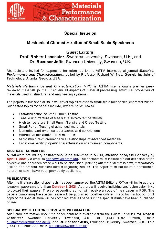 NikhilGupta_nyu's tweet image. Special issue of @ASTMIntl journal Materials Processing and Characterization on Mechanical Characterization of Small Scale Specimens.