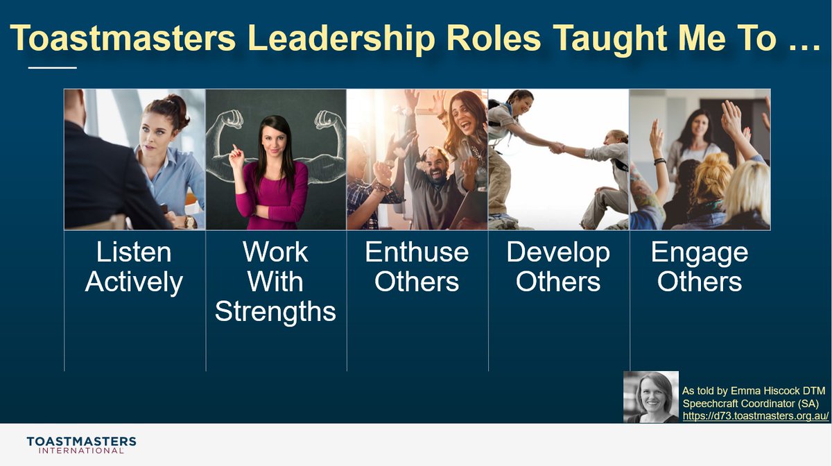 d73tm's tweet photo. Today, on #InternationalWomensDay
We hear it from a woman leader, our #Speechcraft Coordinator for South Australia, Emma Hiscock.
Do read. Also, share the #leadershiplessons you learnt at #Toastmasters.
Happy Women's Day!
#dltseries #leadershipdevelopment #LeadershipRole https://t.co/3MqWj2Iq90