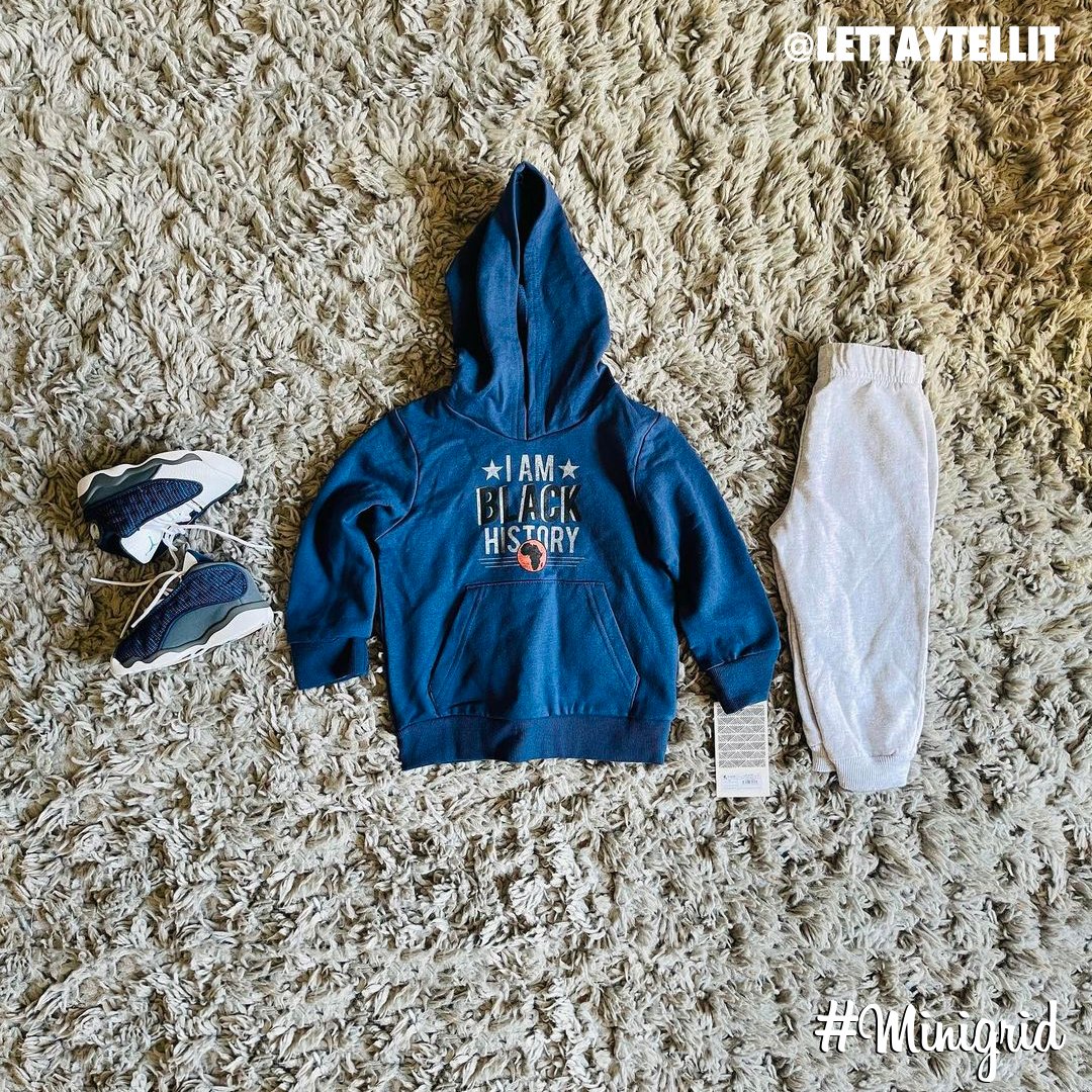 minigrid's tweet photo. Today's top #minigrid is by @lettaytellit.
▫️ #IAmBlackHistory #Hoodie
▫️ #JordanXII #Toddler
▫️ #Target #Sweatpants https://t.co/meTsw2sqlI