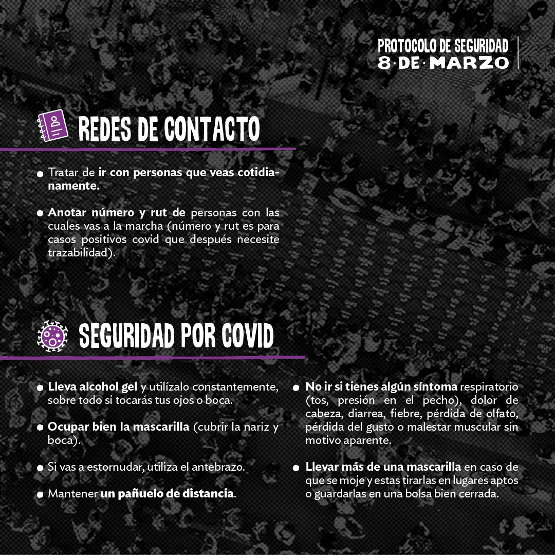 [🔴Protocolos de Seguridad para este 8M]

En el protocolo de cuidado que dejams aquí, podrás encontrar qué hacer en caso de una detención, medidas para evitar el contagio de covid, seguridad física y realizar redes de contacto entre otras.