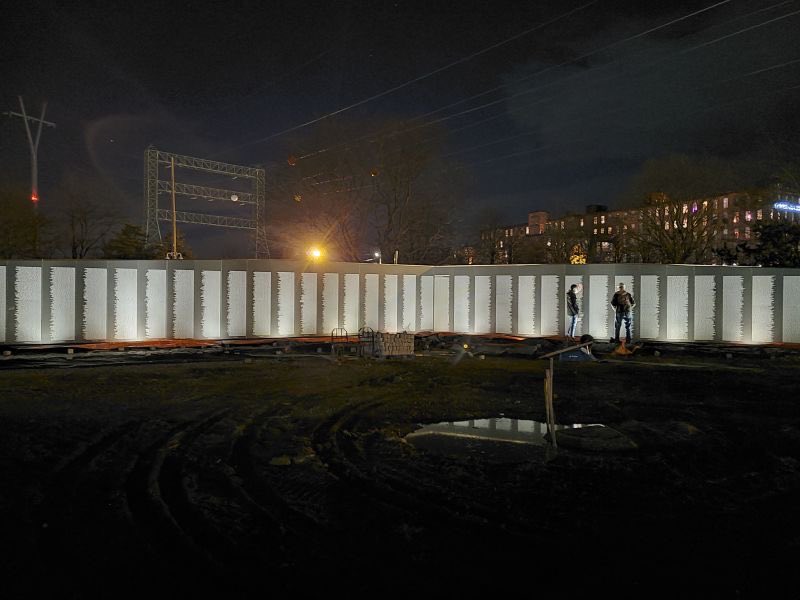 Lighting Test on the Soon to be fully constructed Vietnam Wall in Fall River. Beautiful Solemnity # Starck Architects # Bishop Electric