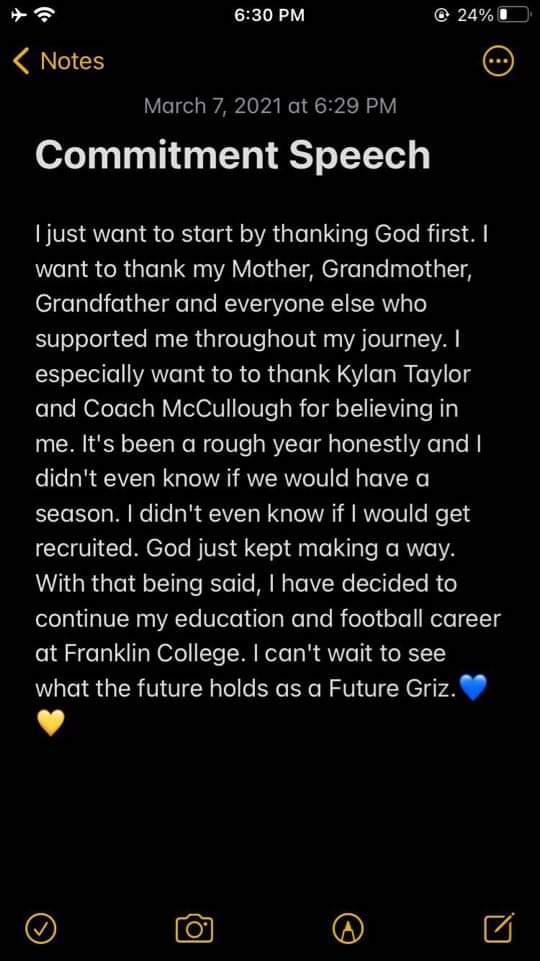 I have decided to commit to Franklin College. I want to thank <a href="/Coach_Roz/">Chris Rosselot, M.Ed CSCS USAW-1</a> <a href="/Coach_McElwain/">Ryan McElwain</a> <a href="/AlanHensell/">Alan Hensell</a> for giving me this opportunity.