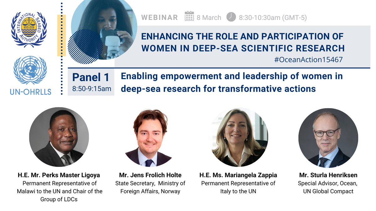 ISBAHQ's tweet image. Panel 1 of the @ISBAHQ and @UNOHRLLS webinar discusses ways in which we can enable empowerment and leadership of women in deep-sea research for transformative actions.

@MalawiUN, @jensfh @NorwayMFA @NorwayUN, @MAZappia @ItalyMFA @SturlaHenriksen @globalcompact 

#IWD2020