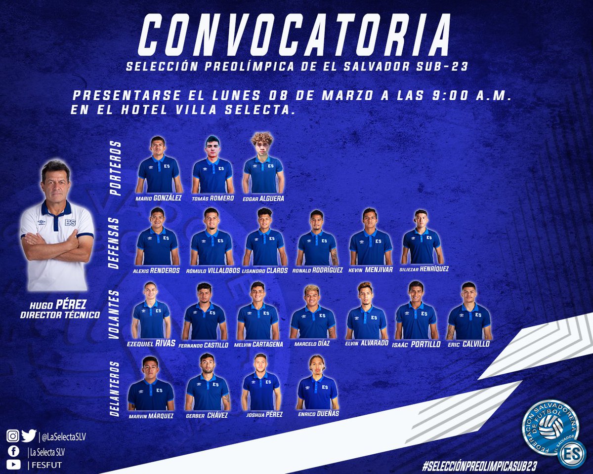 LaSelecta_SLV's tweet photo. 📋🇸🇻| Los 2️⃣0️⃣ convocados por @hugoperez_07 para la #SelecciónPreOlimpica que buscará el boleto a #Tokio2020
#ElSalvador #SelectaSub23 https://t.co/czmXOeRkN9