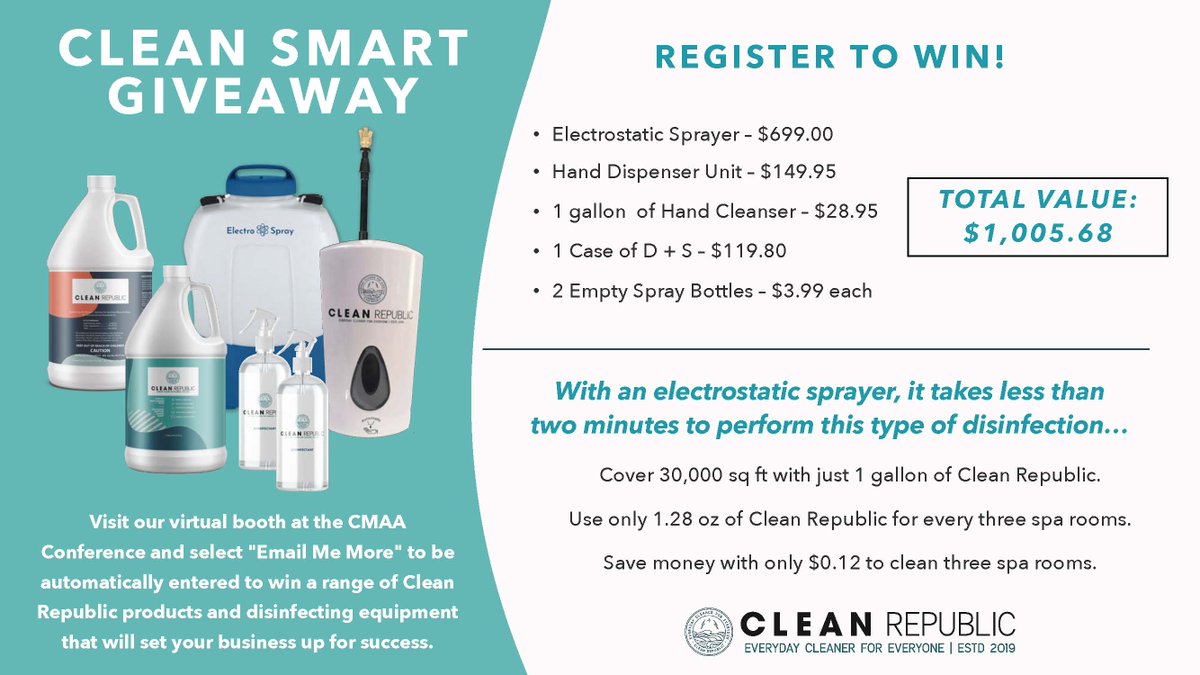 clean_republic's tweet photo. Enter our Clean Smart Giveaway! Stop by our virtual booth during the #CMAAVirtual World Conference to enter to win a range of Clean Republic products and equipment! Looking forward to seeing you there! #CMAAVirtual  #Giveaway #innovation #cmaa https://t.co/gZUG5SDBe8 https://t.co/kbF1V1z3Qa