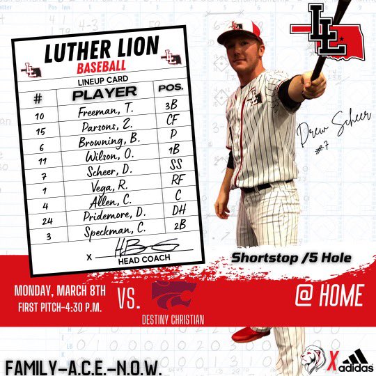Here’s a look at the starting line-up for tomorrow’s game against Destiny Christian. Come out and support your Lions! First pitch at 4:30! #LionPride