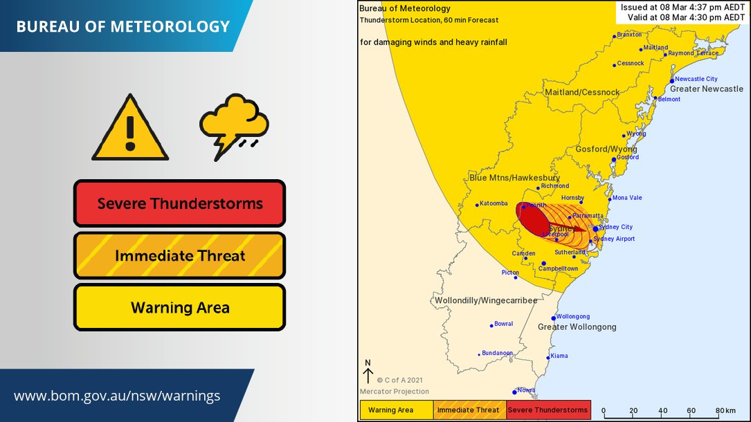 BOM_NSW's tweet photo. Cell based severe thunderstorm warning issued for Sydney. Gusts of 78 km/h and reports of fallen trees around Penrith. https://t.co/jY9ZIofTiX