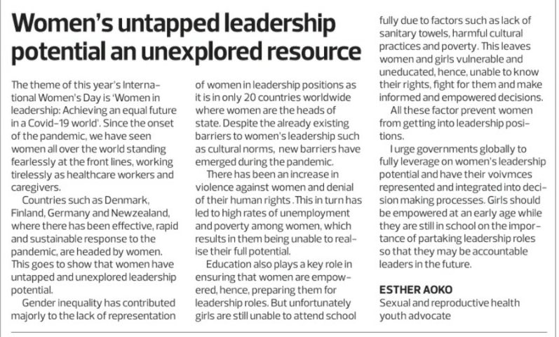 Over the years women's leadership potential has remained unrecognized and unexplored. 

I urge governments globally to fully leverage on women's leadership potential by ensuring that they are fully represented in leadership positions. 
<a href="/UN_Women/">UN Women</a> 
<a href="/TheStarKenya/">TheStarKenya</a> 
#IWD2021