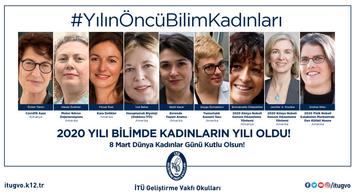 Bu yıl 8 Mart Dünya Kadınlar Gününde yaptıkları bilimsel çalışmalarla insanlık tarihinde çığır açacak başarılara imza atan bilim kadınlarını, eğitimin önemini konuşalım... Çünkü 2020 yılı bilimde kadınların yılı oldu! 

#YılınÖncüBilimKadınları #itugvo
#8MartDünyaKadınlarGünü