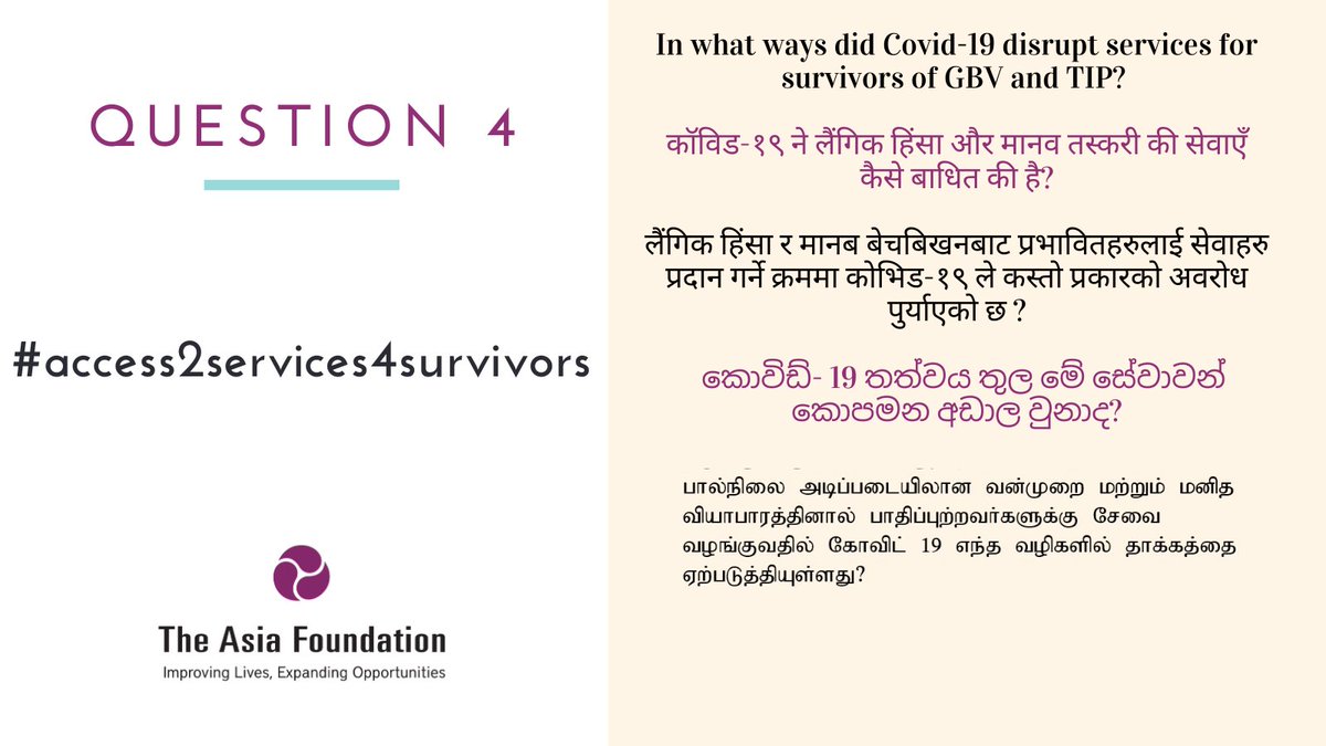 Asia_Foundation's tweet photo. Question 4: In what ways did #Covid19 disrupt services for survivors of #GBV and TIP?

 #IWD2021 #InternationalWomensDay #access2services4survivors https://t.co/irXcAo6tvh