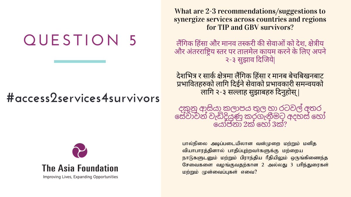 Asia_Foundation's tweet photo. Question 5: What are 2-3 recommendations/suggestions to synergize services across countries and regions for TIP and #GBV survivors?

 #IWD2021 #InternationalWomensDay #access2services4survivors https://t.co/8N6imxQgKt