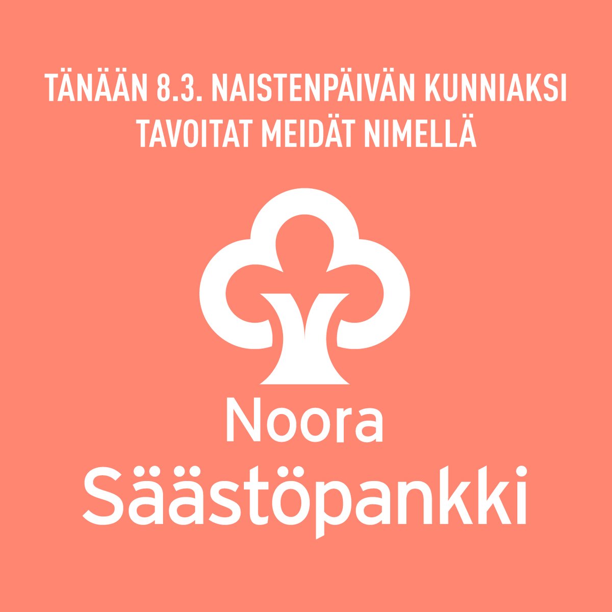 SaastopankkiHki's tweet photo. Hyvää naistenpäivää! Naistenpäivän kunniaksi tavoitatkin meidät tämän päivän ajan nimellä Noora Säästöpankki!
Tänään on aika juhlistaa naisten saavutuksia sekä lisätä tietoisuutta tasa-arvosta - tässä alla hieman dataa finanssialasta. 1/3 #naistenpäivä #nooasp #noorasp https://t.co/S6I7cajxJS