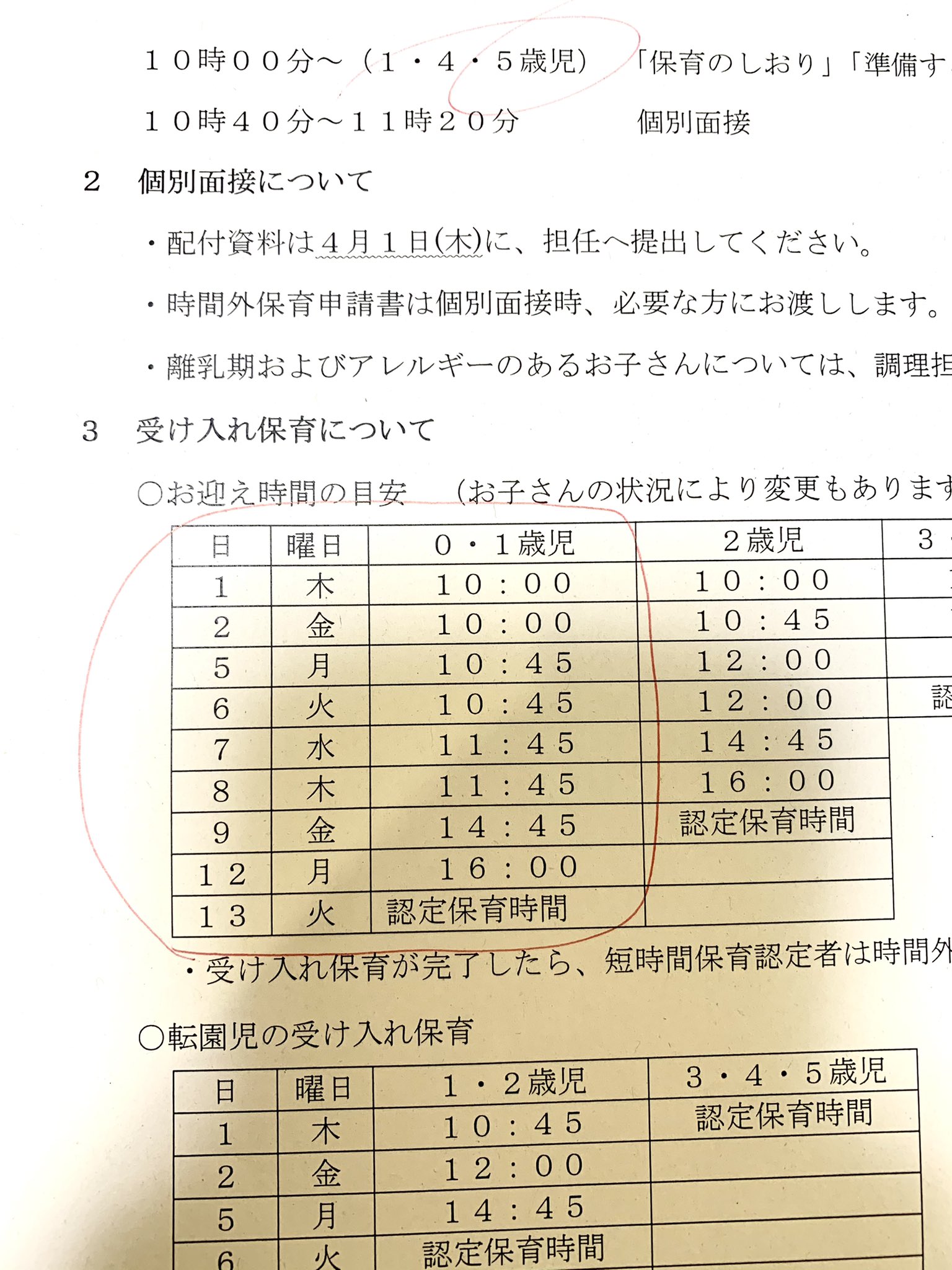 まんまる 育児垢 慣らし保育のスケジュールが配布された これが基本で子供によって延長されるらしい