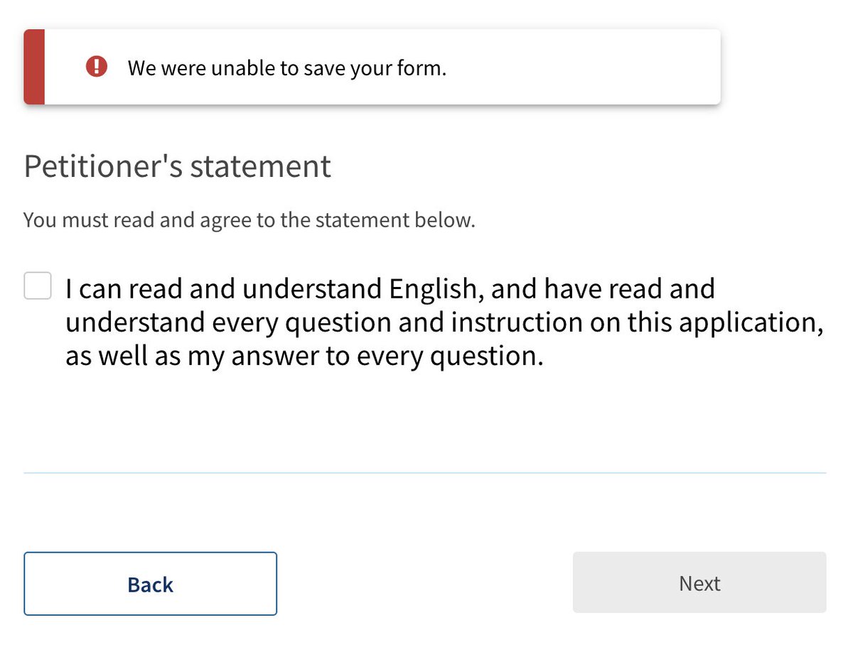 karlpabling's tweet photo. @USCIS Help! Unable to file a form online, keep getting this error regardless of browser. No console errors, as well. https://t.co/MpnE0xYNuq