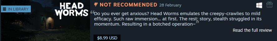 DeadeGuard98's tweet image. #HeadWorms @HeadwormsG 

There's an unpredictability to it that's tense and engaging.

But overlooked bug make already-subpar stealth more apparent. Story's currently foregone; will be fleshed out in later updates~

Will you take the bait? 👇🪱
steamcommunity.com/id/DeadeGuard9…