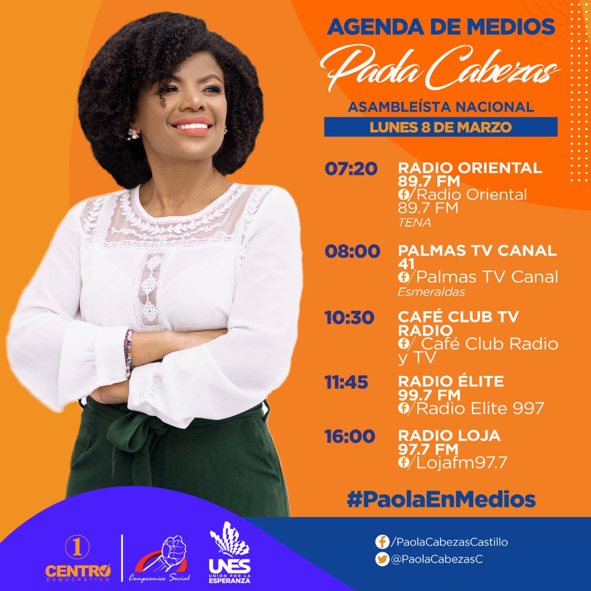 PaolaCabezasC's tweet photo. 🎙 #PaolaEnMedios | Mañana celebraremos el día de la mujer, conversando sobre las  alcanzadas. 

07:20 📻 #RadioOriental #Napo
08:00 📺 @laspalmastv #Esmeraldas 
10:00 📲 @CafeClub_Lat #Guayaquil
11:45 📻 @RadioElite997 #Guayaquil
16:00 📻 @radioloja #Loja https://t.co/8yq9Bt45WW