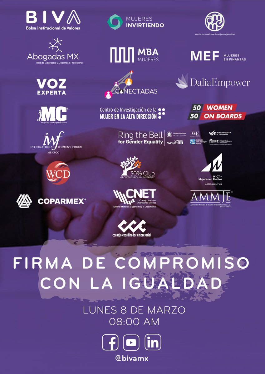 MConstruyendo's tweet photo. Este lunes 8 de marzo, no te pierdas la Firma del Compromiso con la #IgualdadSalarial que se llevará a cabo en @BIVAMX en el marco del #DiaInternacionalDeLaMujer.

¡Conéctate a las 8:00h por el canal de #YouTube de @BIVAMX!

Link: https://t.co/XuHCK2WU4t https://t.co/y5adVn8upV