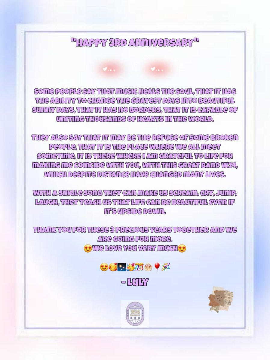 OficialW24PY's tweet photo. 💫 PROYECTO ANIVERSARIO 💫

   Happy 3rd anniversary!
😍🥰✨🥳🎊🎂🎈🎉"
                 
 By: Luly 

#ALWAYSWITHW24 #3YEARSOFHAPPINESSWITHW24 #W24 #HOWON #AARON #JONGGIL #YUNSOO @Band_W24hours https://t.co/gZ3m3j0SO9