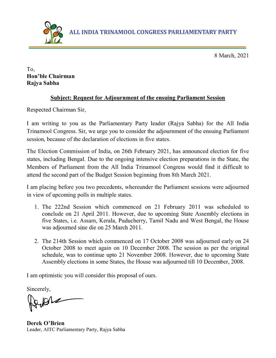 . @AITCofficial demands adjournment of Parliament Session due to Assembly elections. Sudip Bandopadhyay and @derekobrienmp write to Lok Sabha Speaker @ombirlakota and Rajya Sabha Chairman @MVenkaiahNaidu @DeccanHerald #BudgetSession #Parliament