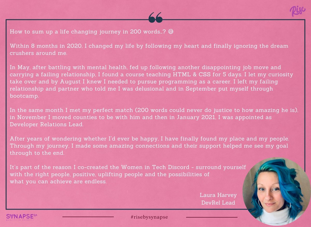 synapse_qa's tweet photo. Join us to celebrate @sopalamarchuk, @maryamumar, @lauracharvey & @larissar π
A huge thanks to these inspiring leaders for sharing their stories and messages β€οΈ
#synapseqa #risebysynapse #inspireforbetter #community #iwd2021 #equalforequal #firstmoves https://t.co/0R8caC80zy